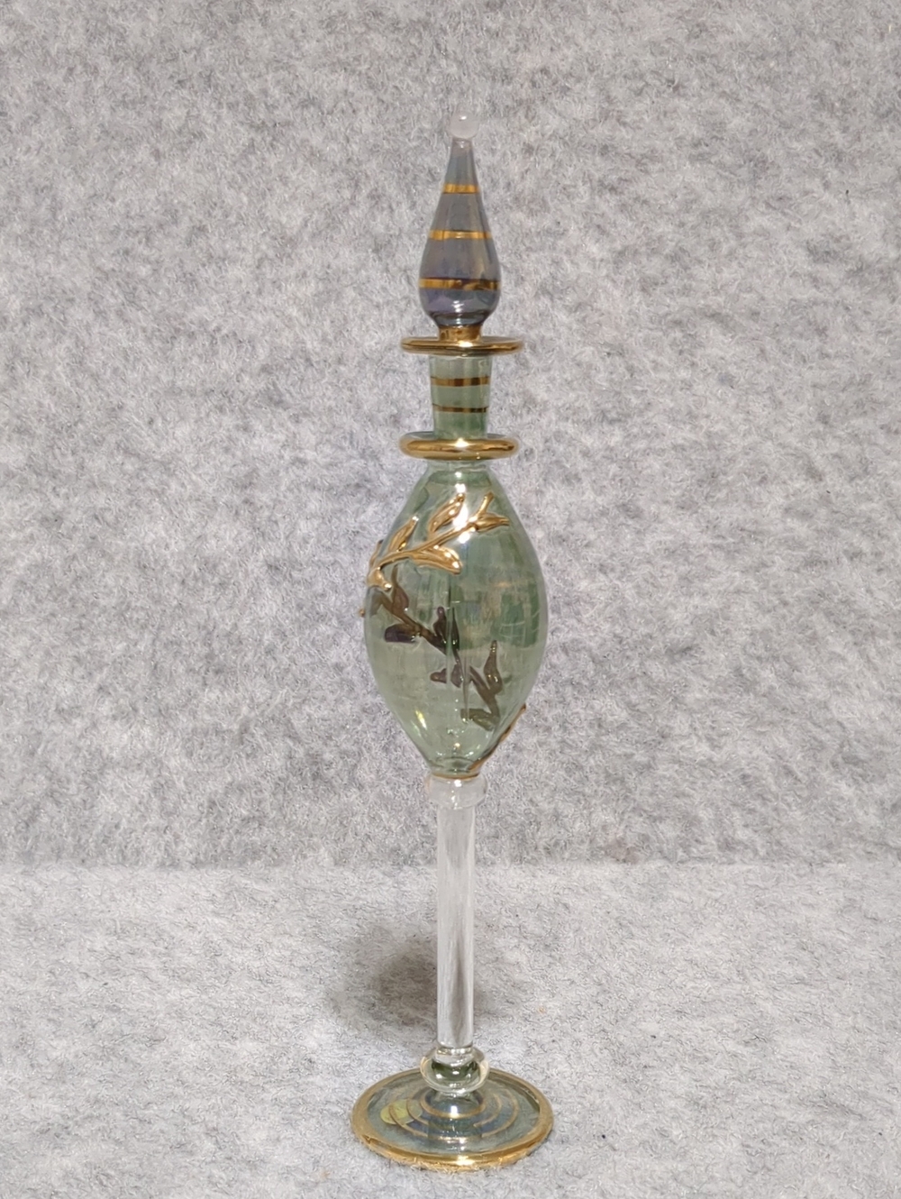 Hand Blown Egyptian Glass Perfume Bottle With Stopper Blue Green With Gold Trim
